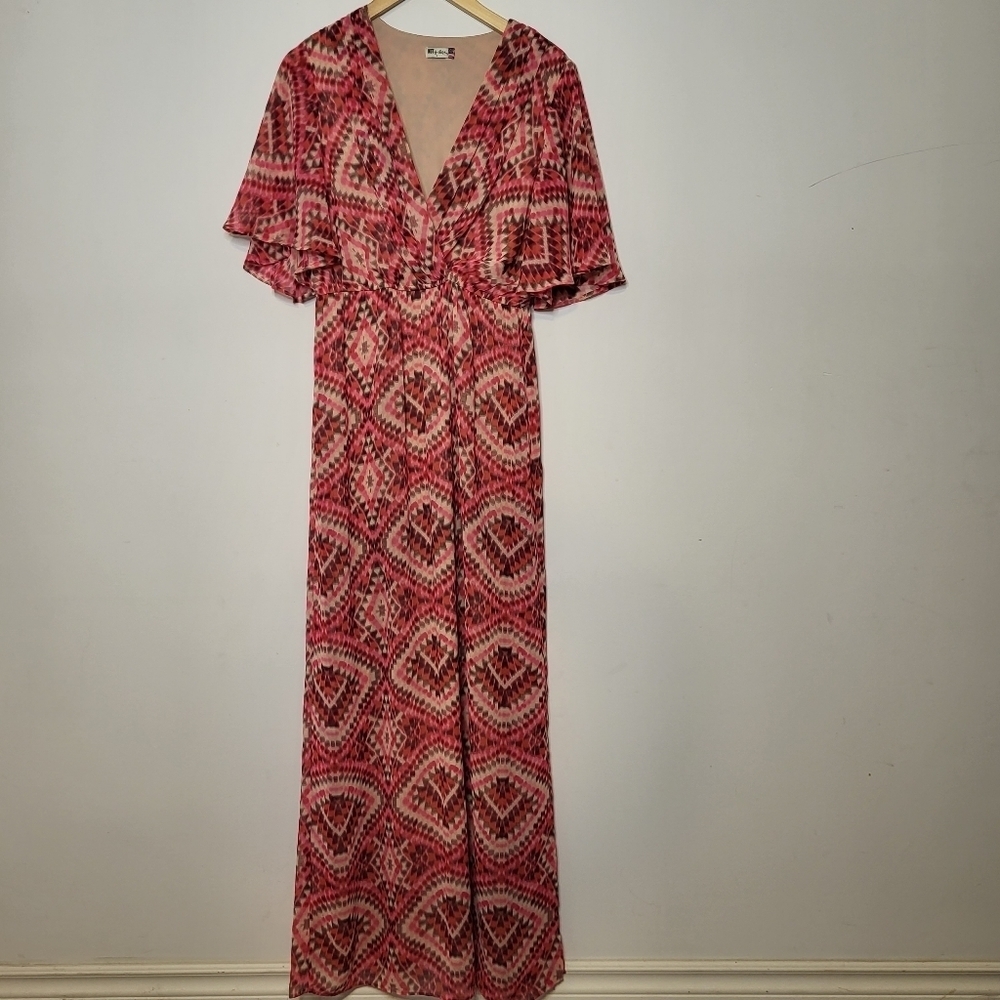 KUT From The Kloth Deep V-Neck Flare Pleated Empire Waist Maxi Dress Red Size 6